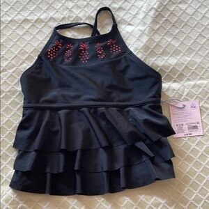 Black Ruffled Swim Top with pineapples
